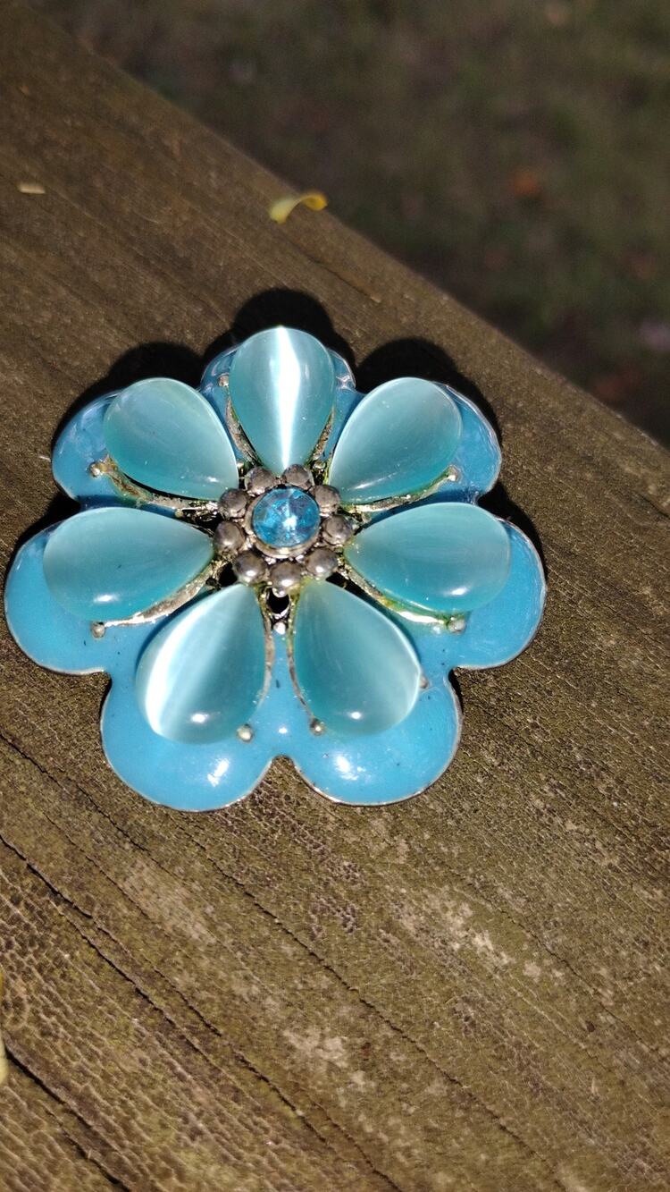 Vintage Blue Cat Eye Glass Flower Brooch Rhinestone 1.75"